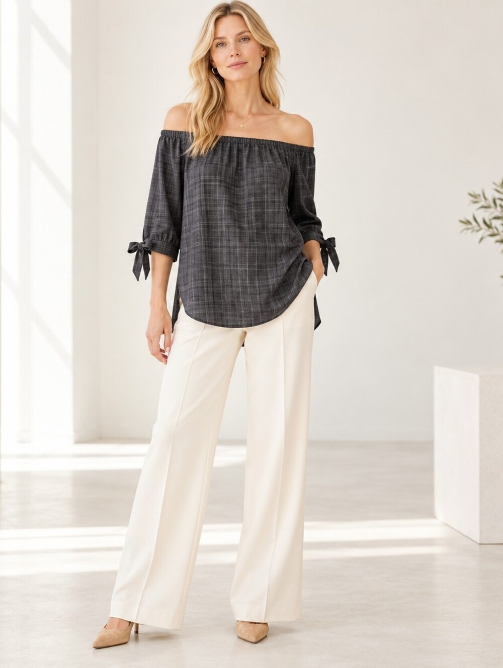 Tibi Charcoal Gray Plaid Off Shoulder Tunic Blouse Tie Cuffs Size unknown